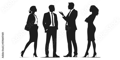 A comprehensive collection of vector silhouettes showcasing male and female office professionals in various work-related poses. These figures depict activities such as using laptops, talking on phones