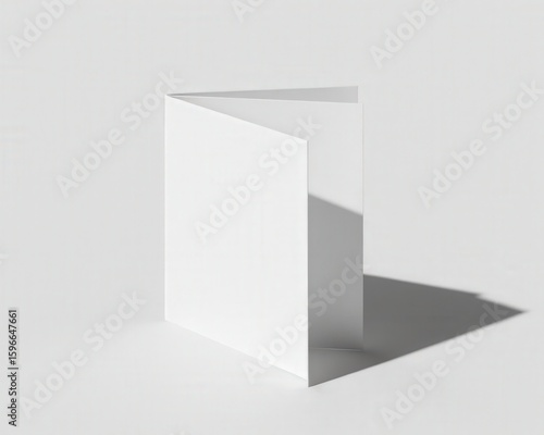 Minimal closed trifold brochure mockup casting long sharp geometric shadow on pure white background under light. Ideal flyer template, mock-up for branding and ads.