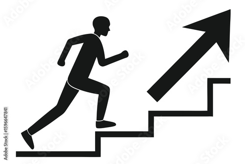Silhouette of a person running up stairs towards an upward trending arrow