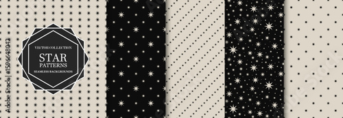 Collection of vector seamless minimalistic star patterns. Modern stylish unusual prints. Monochrome repeatable simple black and beige backgrounds