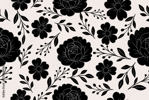 Elegant black floral pattern on light beige background, featuring stylized peonies, wildflowers, and leafy accents. Ideal for fabric, decor, and stationery.
