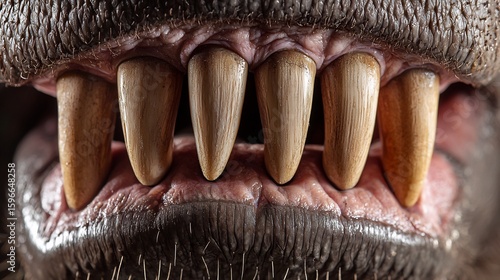 Macro Close-Up of Hippopotamus Teeth: Detailed View of Powerful Jaws