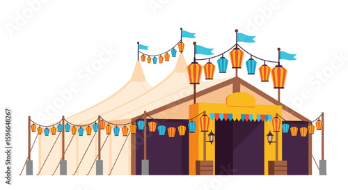 Colorful beer festival tent with banners and lanterns for Oktoberfest  