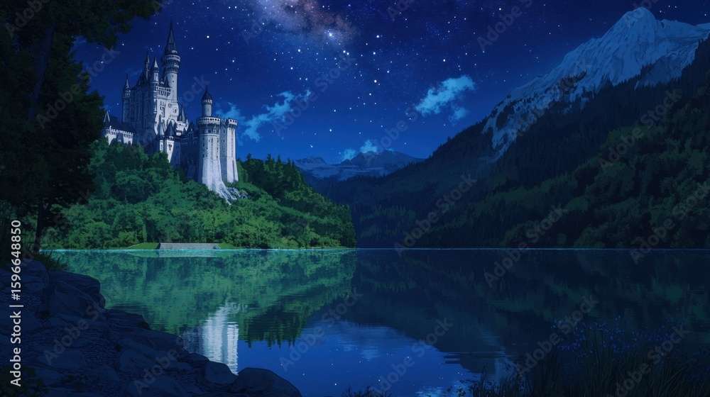 Obraz premium Majestic castle reflected in a serene lake under a starry night sky.