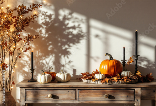 Fototapeta Naklejka Na Ścianę i Meble -  Cozy fall console decor with orange and white pumpkins, black taper candles, autumn leaves and soft shadows on wall, rustic seasonal scene with warm sunlight for interior styling and holiday content