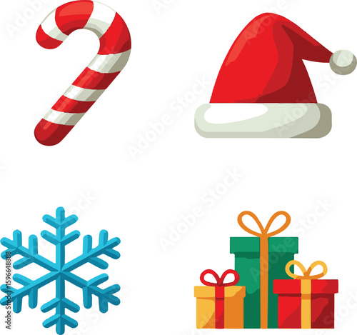 "Set of colorful flat Christmas icons including gifts, Santa hat, snowflake, and candy cane on white background, modern vector style"