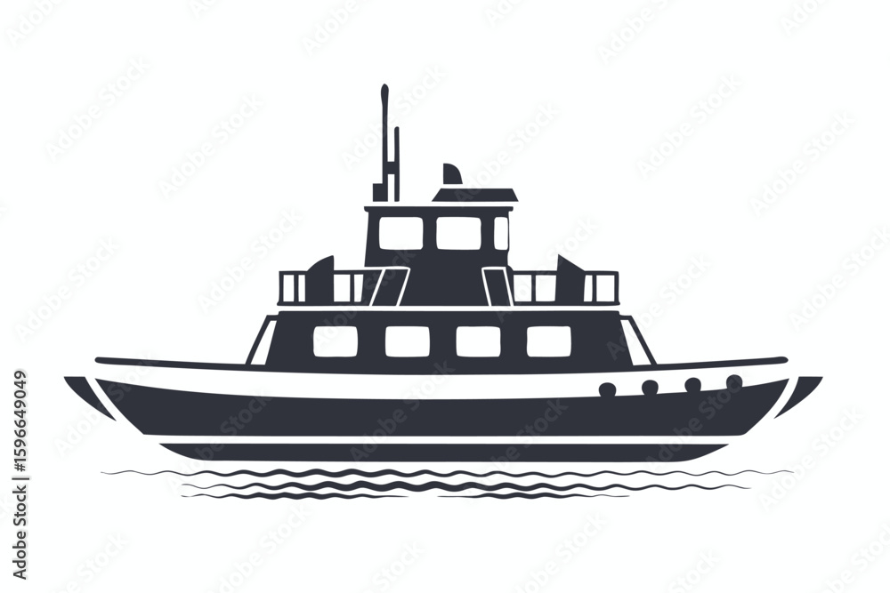 Obraz premium Isolated black and white boat floats calmly atop stylized waves on the white background