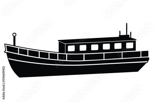 Isolated dark fishing boat shows prominent cabin and upper structure on a white backdrop