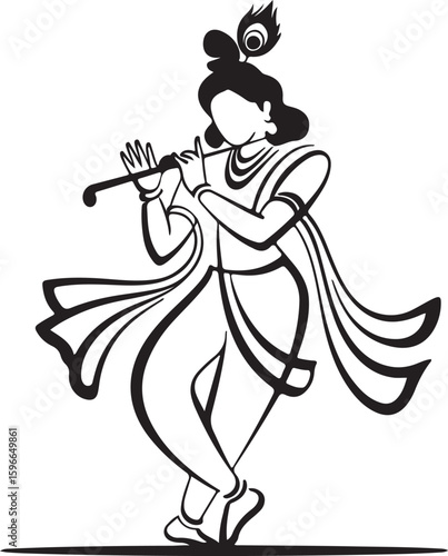 Lord Krishna Playing Flute Silhouette, Hindu Deity, Spirituality, Indian Culture And Mythology Music Line Art Vector