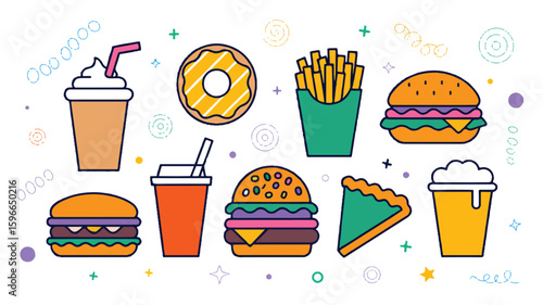 A flat, minimalist illustration of fast food and snacks arranged on a white background with decorative elements. 