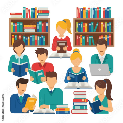 People reading books in a library setting, with bookshelves filled with various colored books.