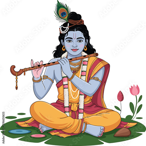 Krishna, the Hindu deity, playing the flute, a vibrant illustration.