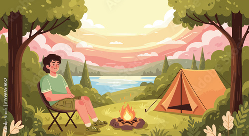 Man relaxes by campfire at sunset, enjoying serene lakeside camping.