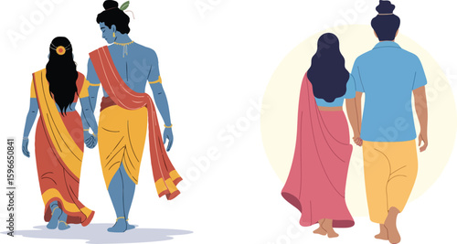 Lord Krishna, Radha, and an Indian Couple Walking Together. Traditional Hindu Spiritual and Cultural Vector Art