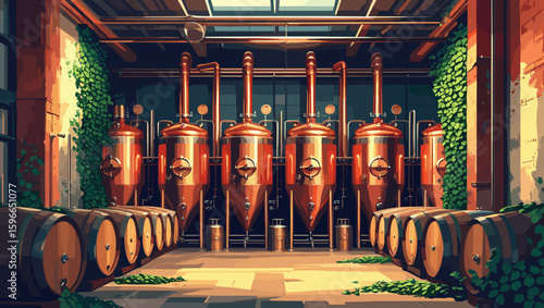 Artistic brewery interior with copper fermentation tanks and wooden barrels illuminated by natural light