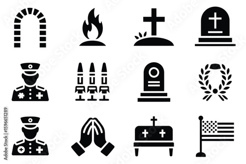 Military Funeral Icons, Flat Vector Set of Symbolic Elements Like Flags, Caskets, Bugles, Salutes, and Tombstones for Commemorative Graphics