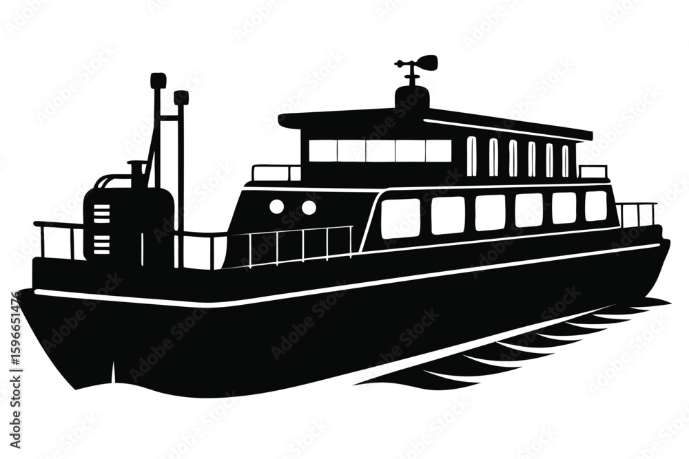 Obraz premium Sleek black silhouette illustrates a multidecked yacht floating on water surface smoothly in form