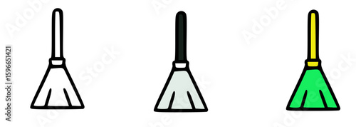 Three stylized brooms in different colors: white, gray, and green.