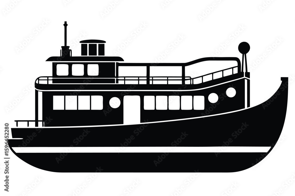 Fototapeta premium Side view shows a silhouette of a twostory black tugboat at sea