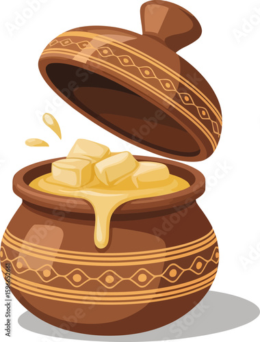 Traditional Indian Clay Pot with Ghee or Butter. Dairy Product, Culinary Ingredient, Cultural Food Vector