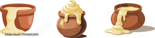 Set of Traditional Clay Pots with Ghee or Melted Butter. Indian Dairy Product Vector Illustration