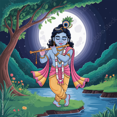 Lord Krishna Playing Flute by the River under Full Moon. Serene Hindu Deity Scene for Festivals