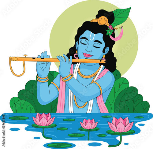 Lord Krishna Playing Flute Amidst Lotus Flowers Serene Hindu Deity Illustration for Janmashtami Festivals