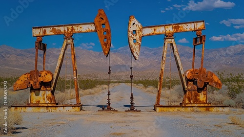 Rusty oil pumps stand guard over a desert road