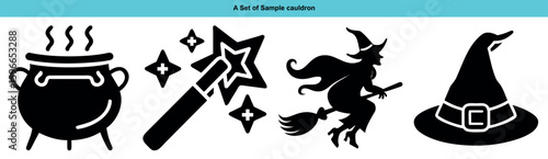 Black silhouettes show a cauldron, wand, witch on broom, and hat against a white background