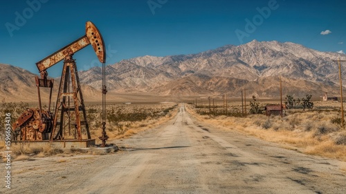 Rusty oil pump in desert landscape
