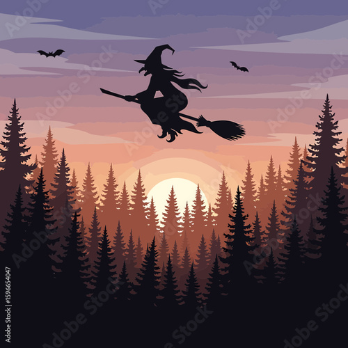 A spooky witch silhouette soaring through the sunset sky on her broom 
