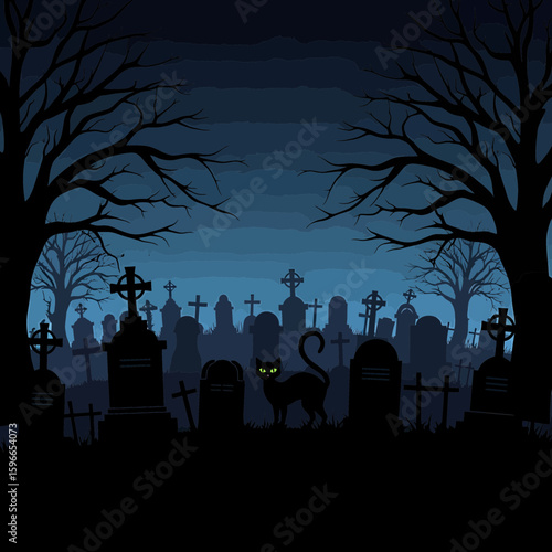 Spooky cemetery scene with black cat silhouette and gravestones, perfect for Halloween. Silhouette of black cat against eerie graveyard. Trees adding a dark and spooky ambiance