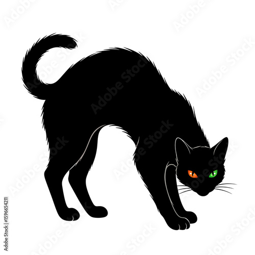 A black cat with vibrant eyes in a threatening pose. The cat has its back arched and a curious expression on its face, as it stares intensely