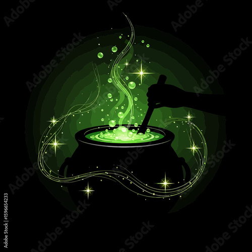 A witch's cauldron bubbling with a glowing green potion, hand stirs the mixture with magical effects