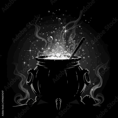 A mystical cauldron brewing a magical potion in a dim, ethereal ambiance