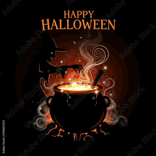 Witch making a potion in the cauldron, Happy Halloween