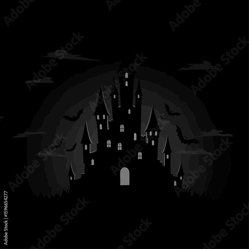 Spooky silhouette of a haunted castle at night with a dark atmosphere and flying bats.
