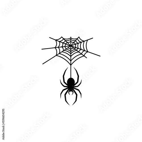 A black spider dangling from a spiderweb in a symmetrical illustration. The spider has eight legs and is centered below the web