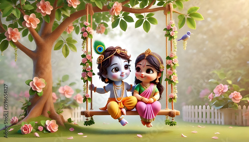 Cute Krishna and Radha on a Swing, Perfect for Hindu Celebrations