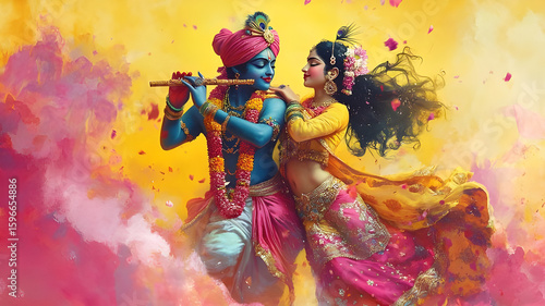 Krishna and Radha in a Colorful Holi Celebration