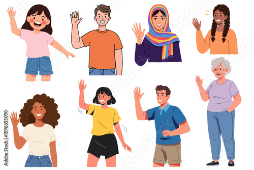 Group of Diverse People Waving Hello to Greet with Warmth and Friendliness in a Cheerful Setting