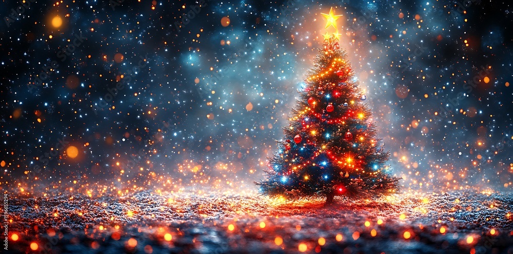 Naklejka premium Decorated Christmas tree with glowing lights and star festive lights glowing star