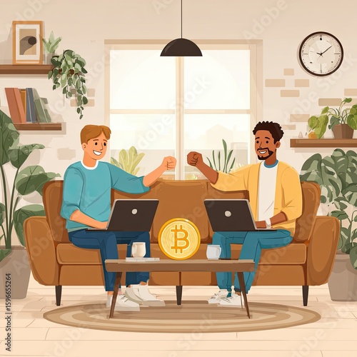 Two friends trading cryptocurrency in modern living room