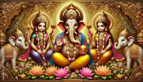 Hindu deities Ganesha, Lakshmi, and Saraswati in ornate golden setting.