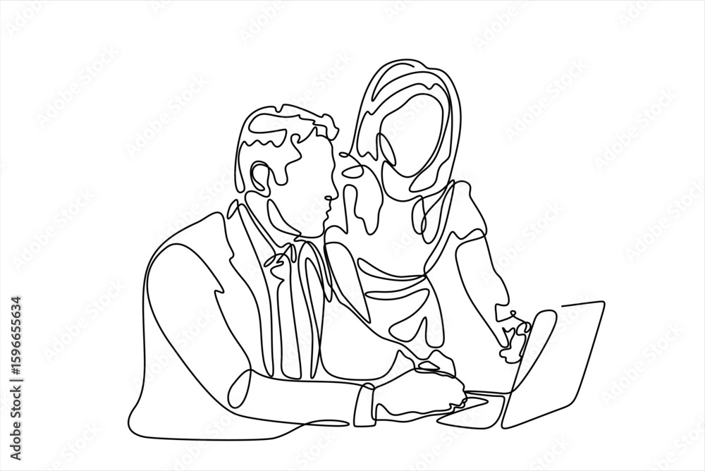 Continuous one line drawing businessman and woman having a discussion. Business activities concept. Single line draw design vector graphic illustration.Hand drawn one line vector. Editable stroke Continuous one line drawing businessman and woman having a discussion. Business activities concept. Single line draw design vector graphic illustration.Hand drawn one line vector. Editable stroke