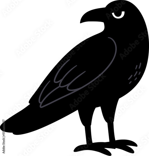 Simple stylized cartoon crow drawing. Black and white silhouette for logo or print. Vector clipart illustration.