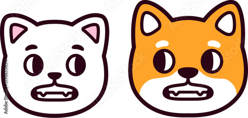 Cute cartoon cat and dog face looking at each other with awkward grimace. Cringe, discomfort, embarrassment reaction. Funny vector illustration.