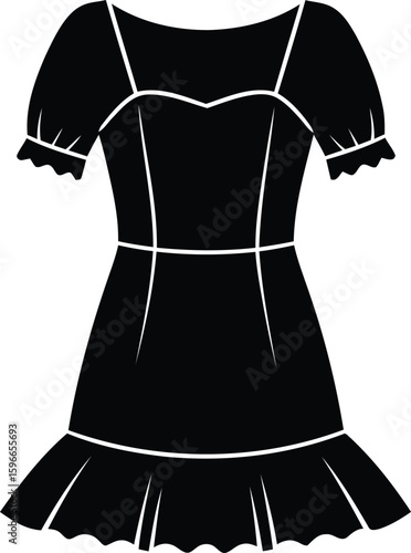 Silhouette of short dress with ruffled hem and cinched waist
