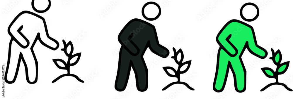 Fototapeta premium Three stylized figures tending to small plants, in different colors.