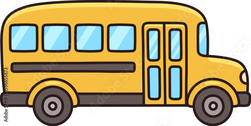 Classic yellow school bus drawing in cute cartoon hand drawn style. Back to school vector illustration.